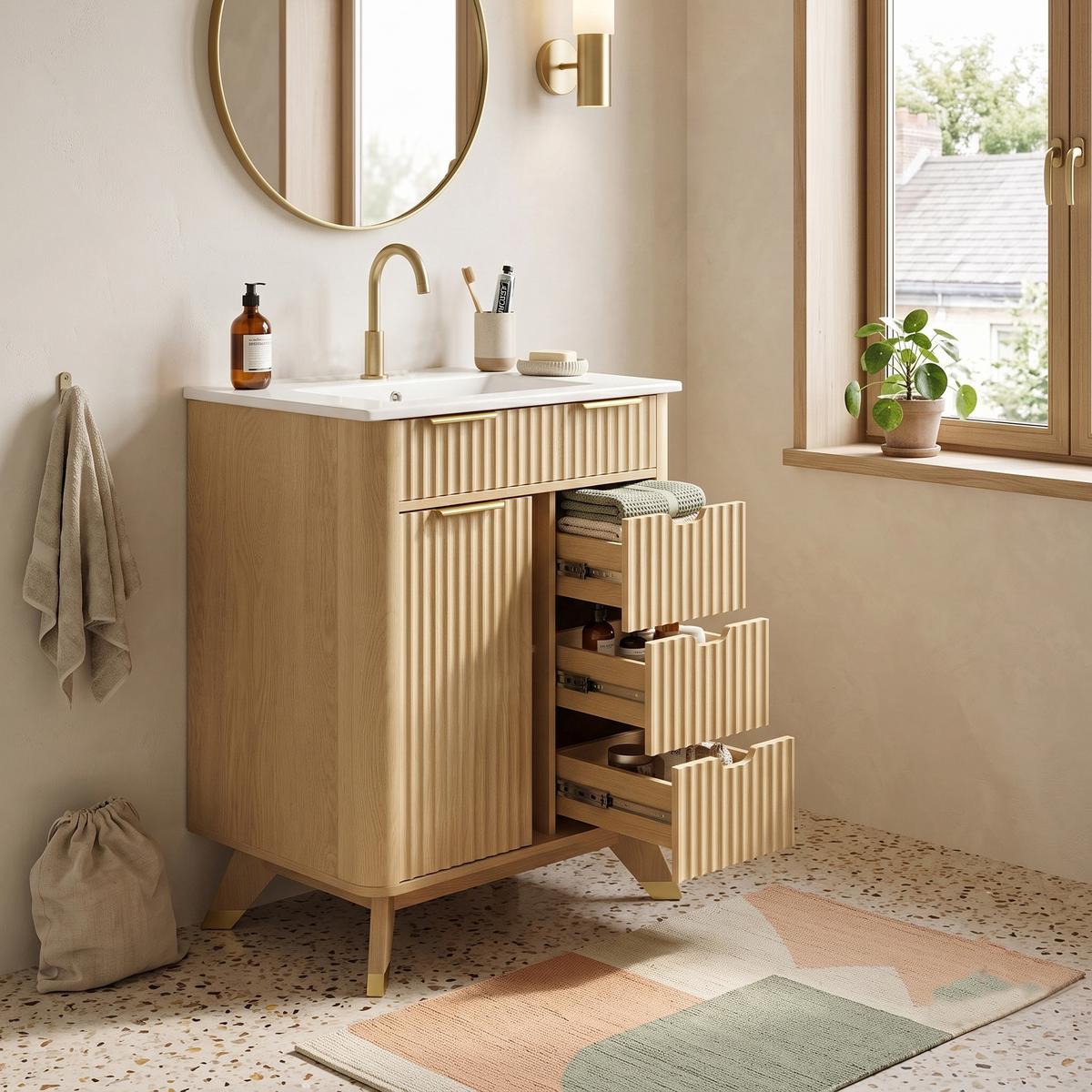 WASCHTISCHUNTERSCHRANK Holzoptik mit Wellenmuster, Schiebetür & 3 Schubladen - Naturfarben, Holzwerkstoff (61/90/47cm) - Urban Meuble