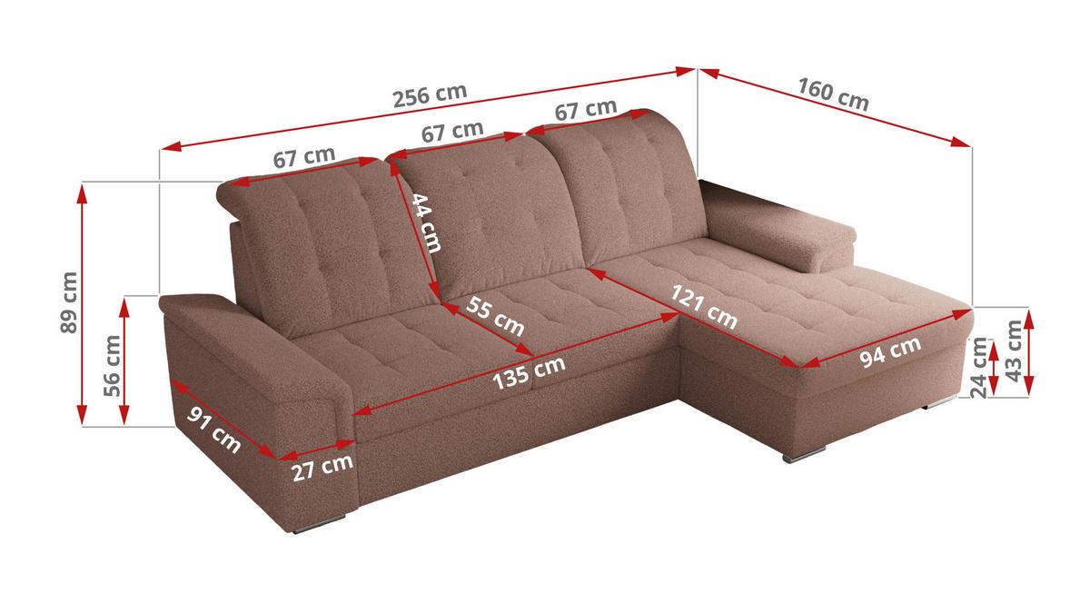 ECKSOFA MADRITO L - Rosa Boucle - Rechts - Silberfarben/Rosa, Textil/Metall (256/160cm)