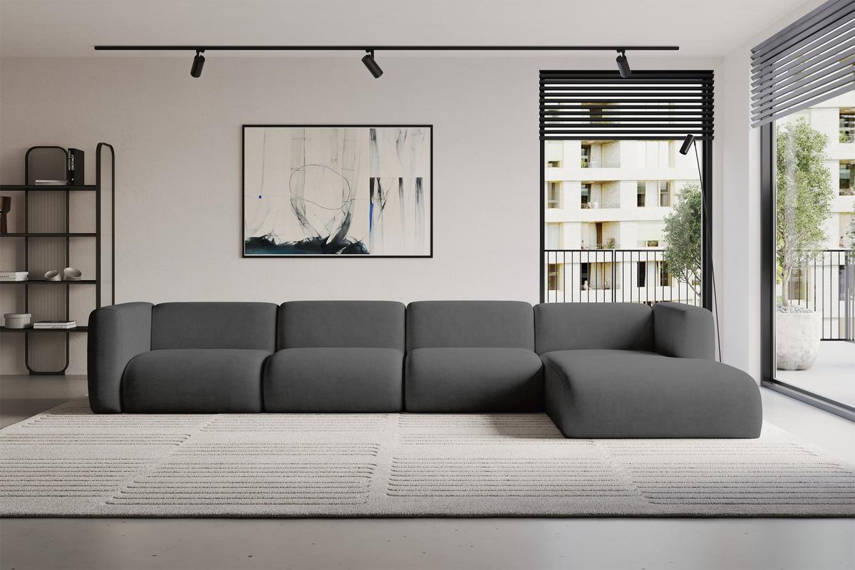 ECKSOFA Ottomane Rechts MIRA-L3 409x179x70 Dunkelgrau Velours - Dunkelgrau/Schwarz, Holzwerkstoff/Kunststoff (409/179cm) - ALTDECOR