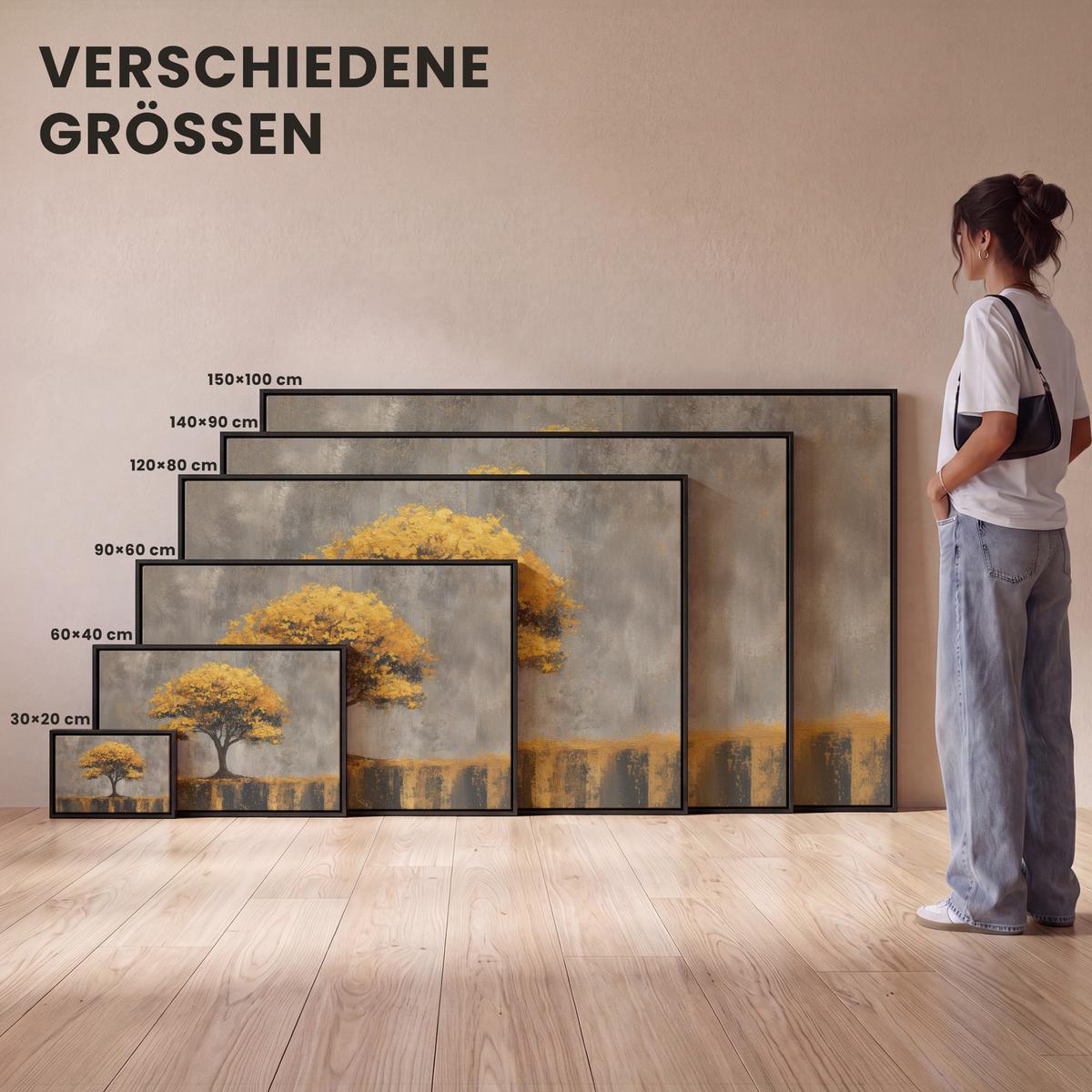 LEINWAND Bilder mit Rahmen - Baum - Blätter - Gold - Abstrakt - 120x80 - Grau, Textil (120/80cm) - MuchoWow