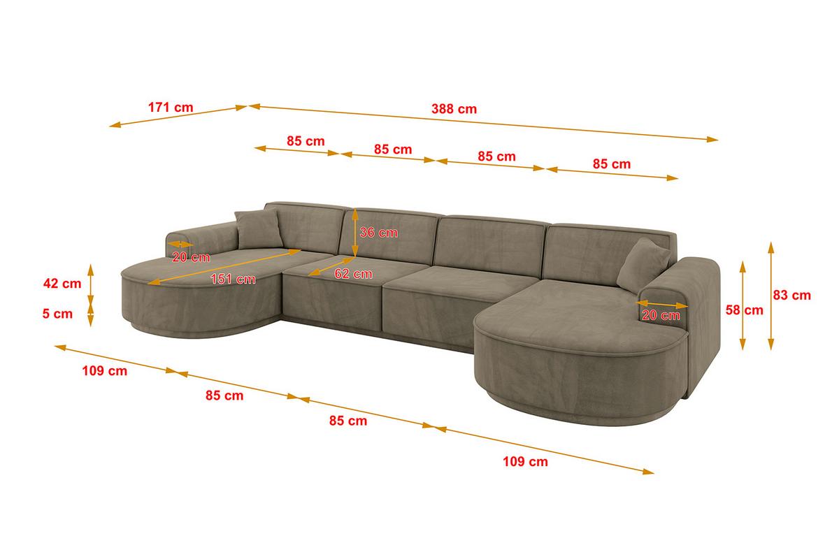 WOHNLANDSCHAFT MARI-U2-v3 - 388x171x83 cm Dunkelbraun Velours - Dunkelbraun/Schwarz, Holzwerkstoff/Kunststoff (388/83/171cm) - ALTDECOR
