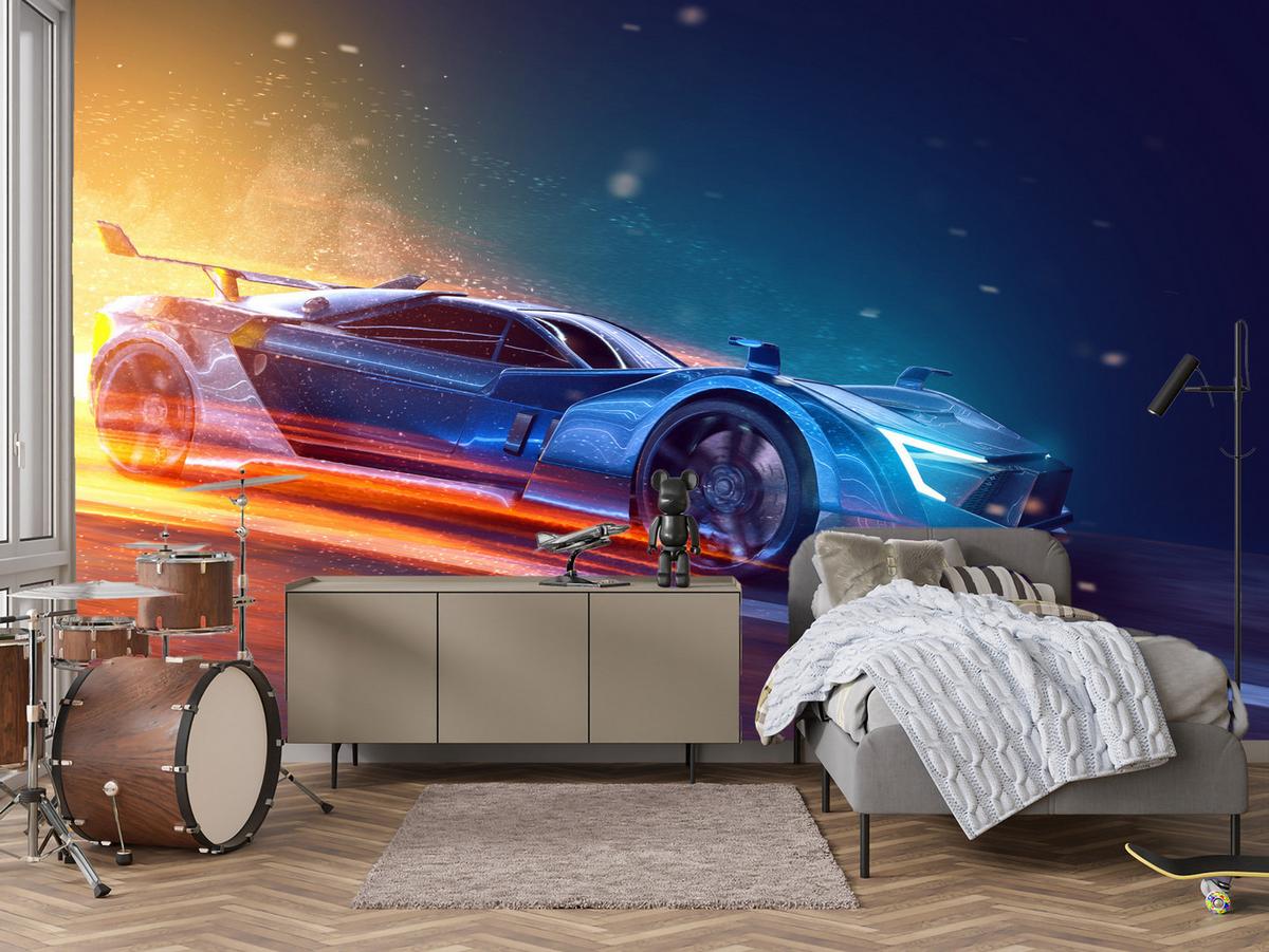 FOTOTAPETE für Jugendzimmer Futuristisches Sportwagen Neon 200x140 - Blau/Gelb, Papier (200/140cm) - Muralo
