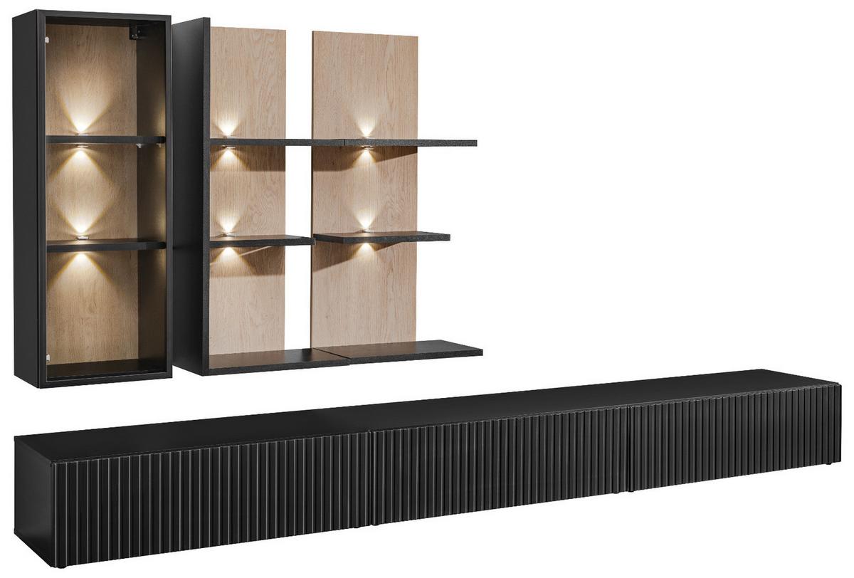 WOHNWAND Schwarz mit Vicking Eiche 300 cm, 6-teilig, inklusive LED und Push-to-Open-Funktion - Eichefarben/Schwarz, Holzwerkstoff (300/160/45cm) - Inn.Furn