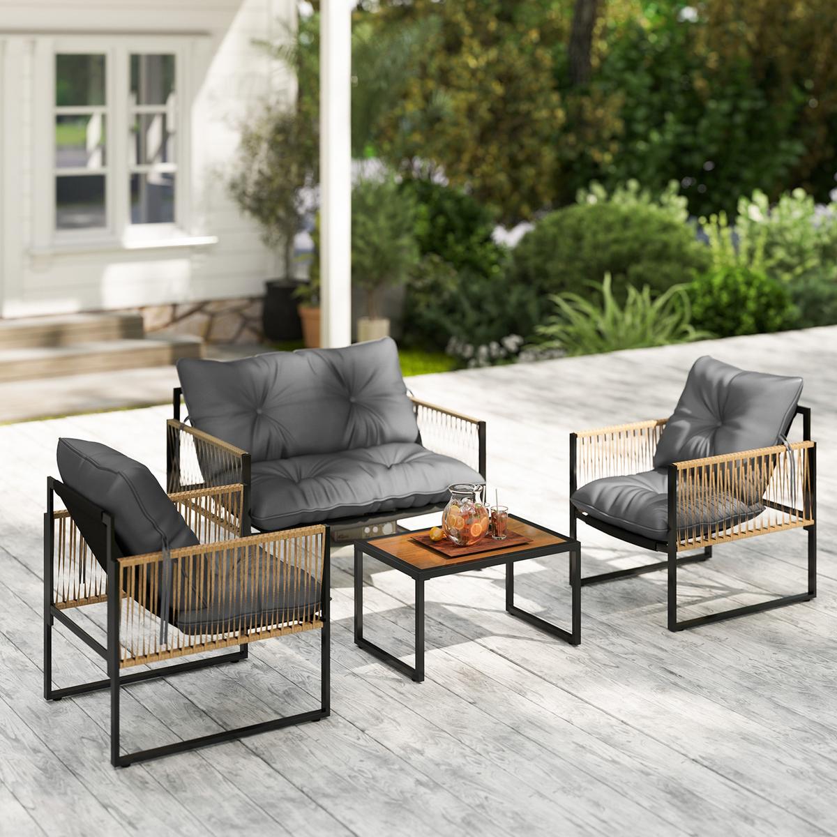 SITZGRUPPE mit Kissen, 4 tlg. Rattan Gartenmöbel-Set, Sitzgarnitur für Garten, Braun - Dunkelgrau, Kunststoff - Outsunny