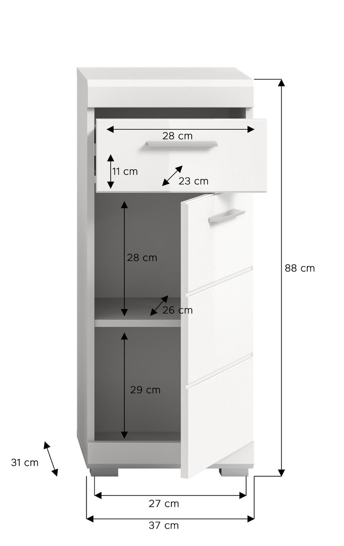 BADKOMMODE weiß Hochglanz 37 x 88 cm, Badschrank mit Vollauszug - Weiß Hochglanz/Silberfarben, Holzwerkstoff/Kunststoff (37/88/31cm) - Inn.Furn