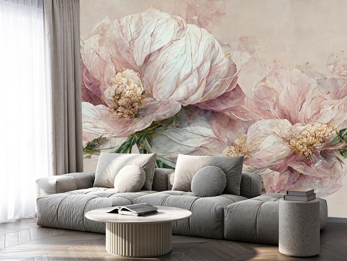 FOTOTAPETE für Wohnzimmer Vintage Rosa Blumen Blätter Natur 450x315 - Beige/Creme, Papier (450/315cm) - Muralo