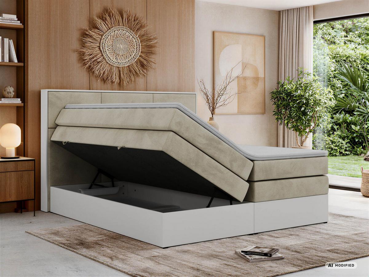 BOXSPRINGBETT DELVIT KING 200/200 - Beige Velvet - Topper Visco - H3 - Beige/Schwarz, Kunststoff/Textil (200/200cm) - MKS