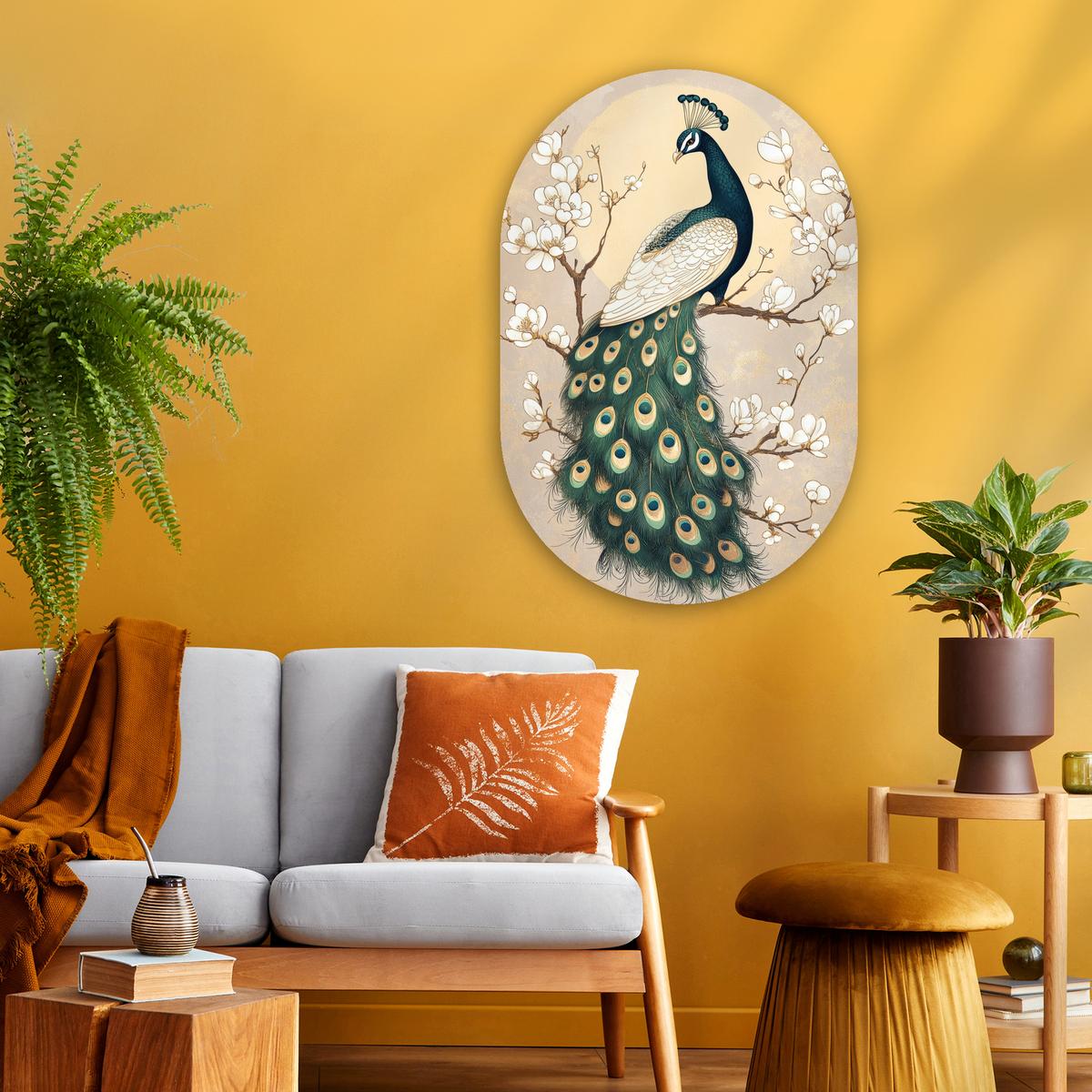 WANDBILD Pfau - Zweig - Blumen Wanddeko Schlafzimmer 60x90 cm - Champagner, Kunststoff (60/90cm) - MuchoWow