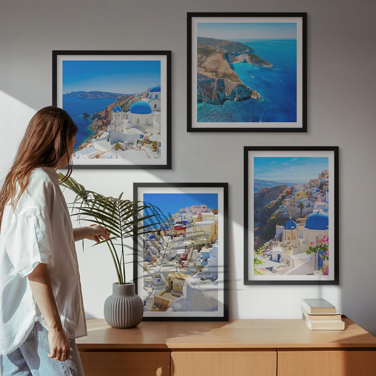 BILDER SET 4er Set - 50x50 cm & 40x60 cm Schwarzer Rahmen - Architekturlandschaft Oia Santorin Griechenland - Schwarz, Kunststoff (50/50cm) - TULUP