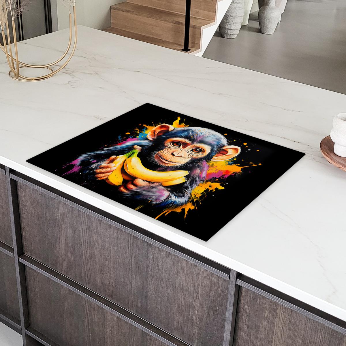 HERDABDECKPLATTE Affe - Graffiti - Farbenfroh - Bananen - Modern Induktionsmatte 77x59 cm - Gelb, Kunststoff (77/59/0.2cm) - MuchoWow