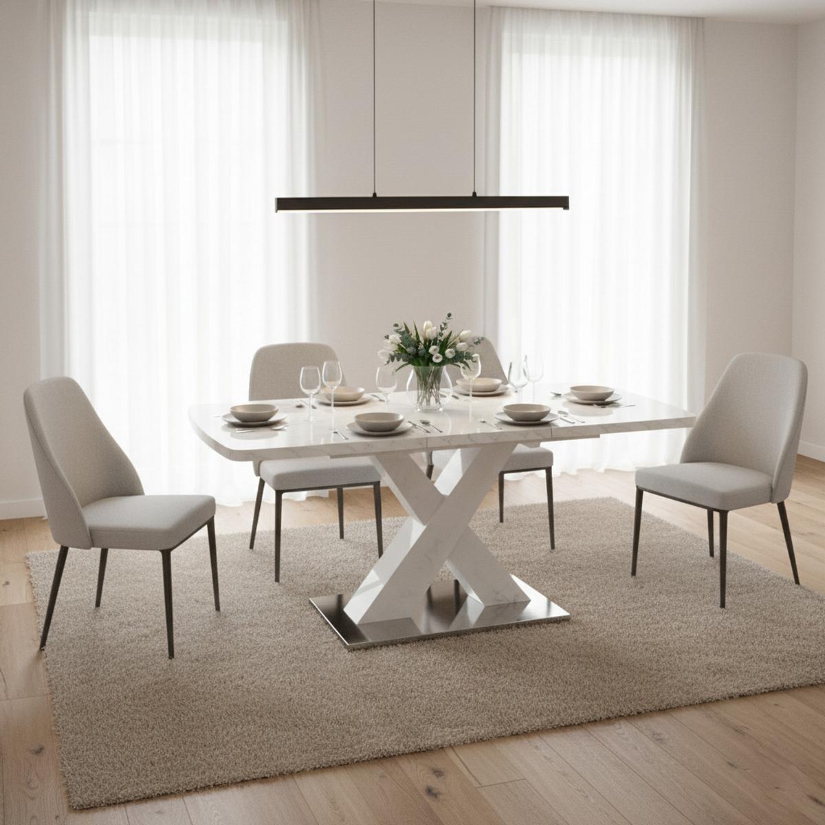 ESSTISCH AUSZIEHBARER Weiß Marmoroptik mit Ausziehfunktion & X-Gestell - Weiß, Holzwerkstoff/Metall (80/160/77cm) - Urban Meuble