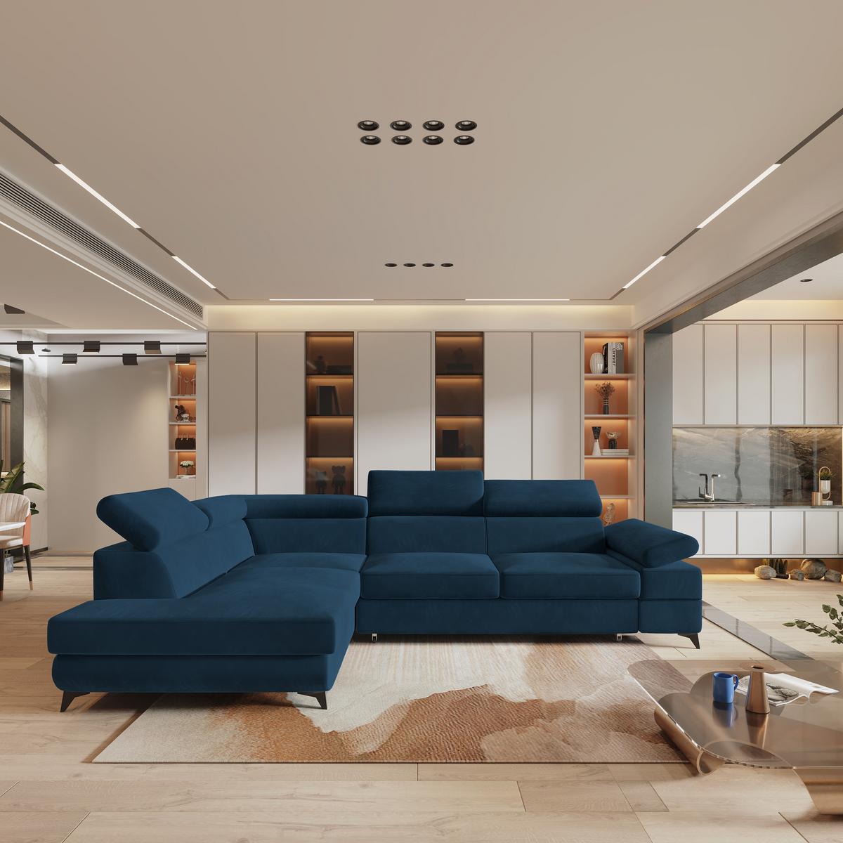ECKSOFA FAVIEN L-S Blau Velours-Stoff mit Schlaffunktion - Blau, Holz (257/190cm) - MASSENO