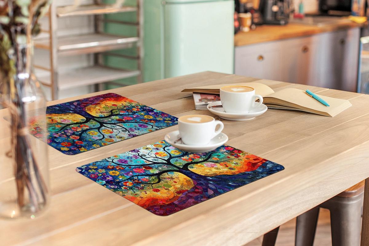 PLATZSETS 6er-Set Baum - Bunt - Blumen - Kunst - Abstrakt Tischunterlage 45x30 cm - Blau, Kunststoff (0.3/45/30cm) - MuchoWow