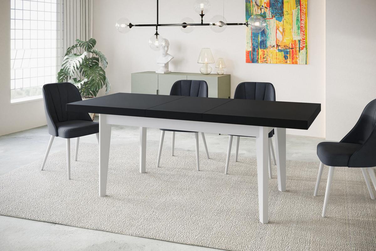 RECHTECKIGER Esszimmertisch SKANDI, ausziehbarer Tisch, Größe: 200-300X100X78 cm, Wohnzimmertisch Farbe: Schwarz, mit Holzbeinen in Farbe Weiß - Schwarz/Weiß, Holzwerkstoff (200/100/78cm) - Alpi-Möbel