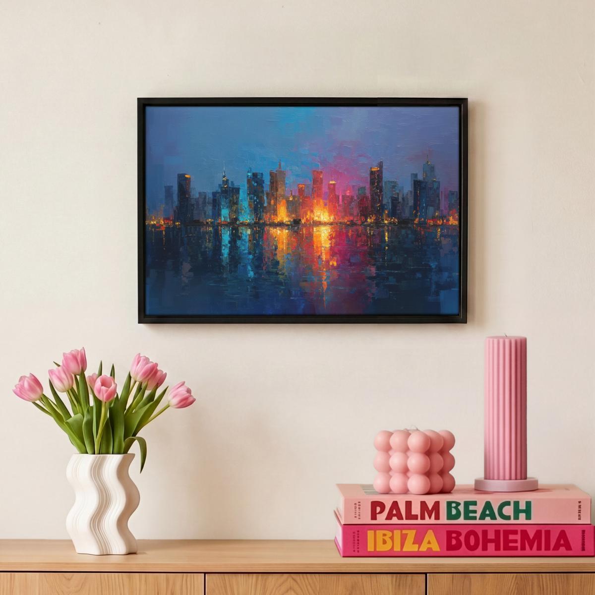 LEINWAND Bilder mit Rahmen - Skyline - Pinselstriche - Dunkelblau - Leuchtend - 30x20 - Blau, Textil (30/20cm) - MuchoWow