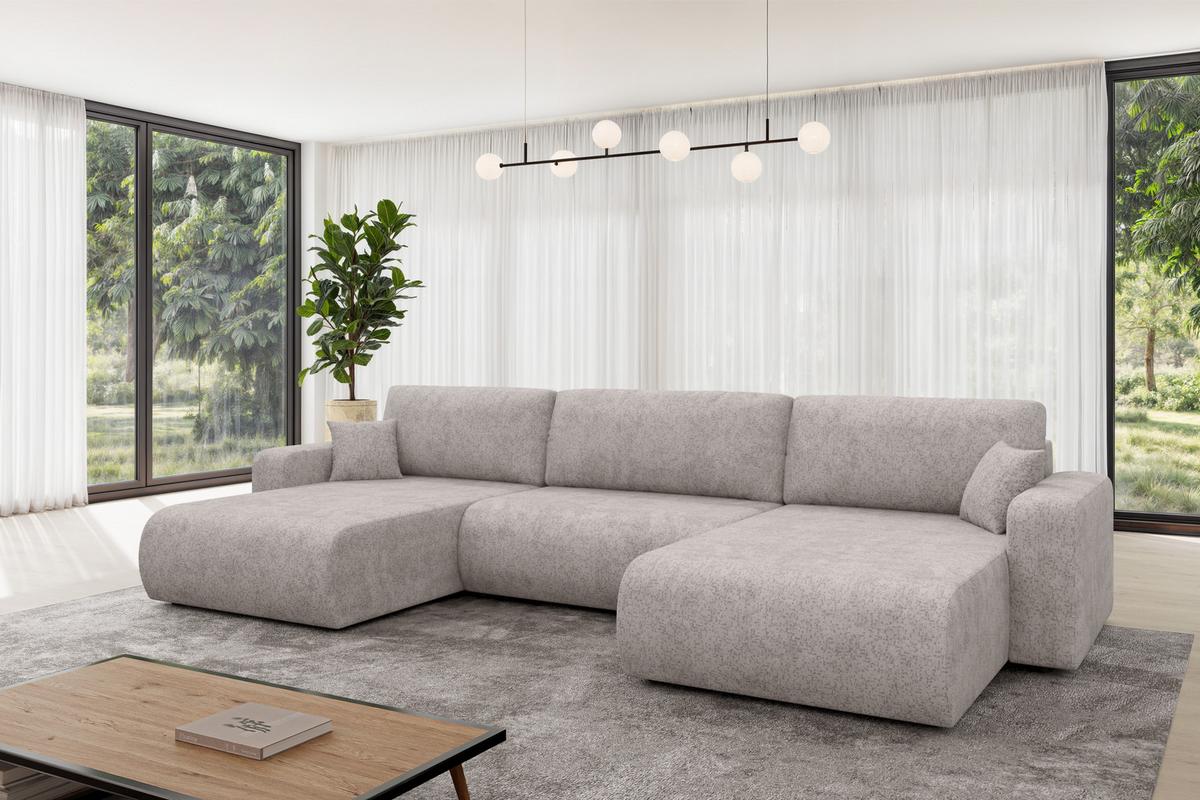 WOHNLANDSCHAFT mit Schlaffunktion und Bettkasten BERY-U 377x193x88 Hellgrau Velours - Hellgrau/Schwarz, Holzwerkstoff/Kunststoff (377/88/193cm) - ALTDECOR