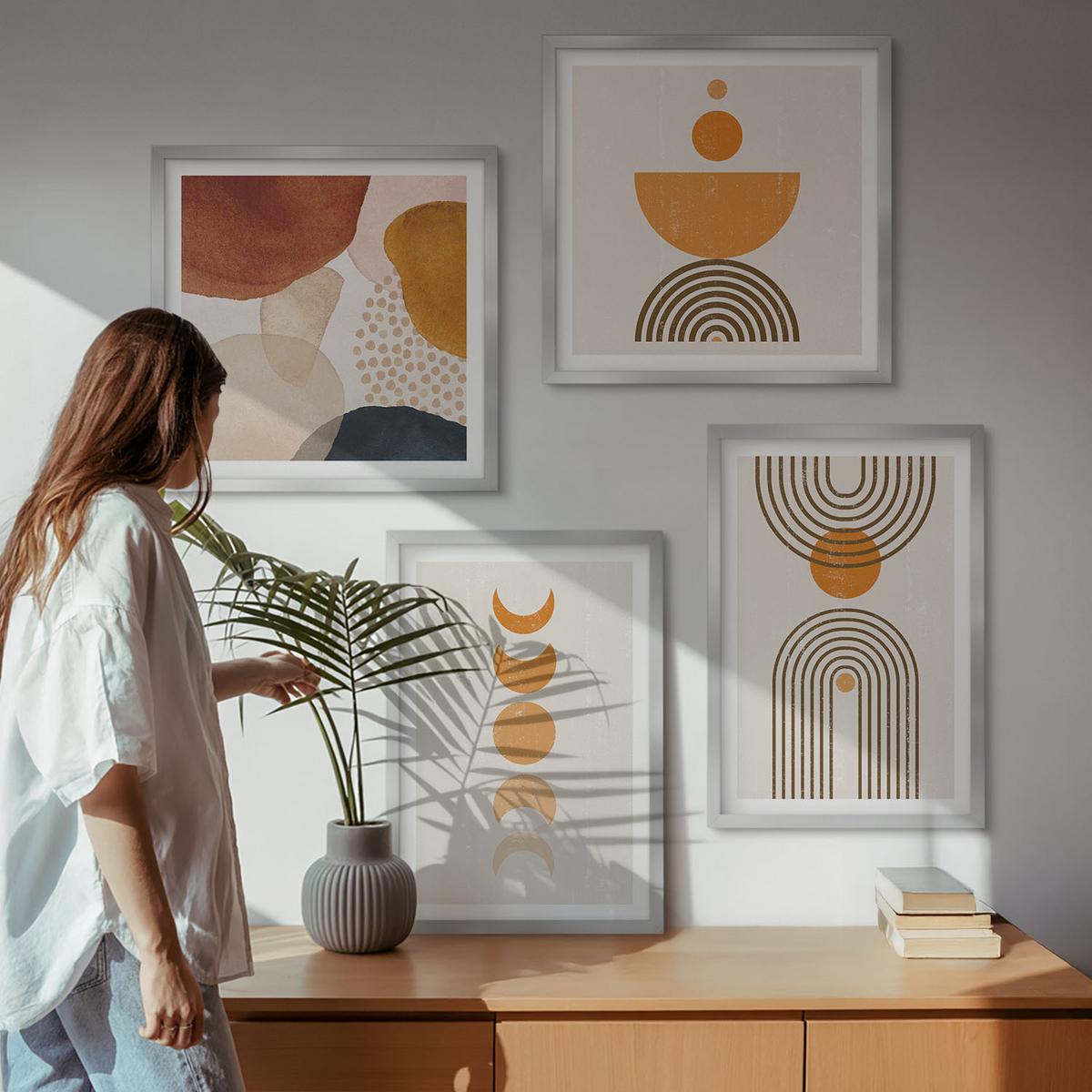 BILDER SET 4er Set - 50x50 cm & 40x60 cm Silberner Rahmen - Boho-minimalistische Dekorationen - Silberfarben, Kunststoff (50/50cm) - TULUP