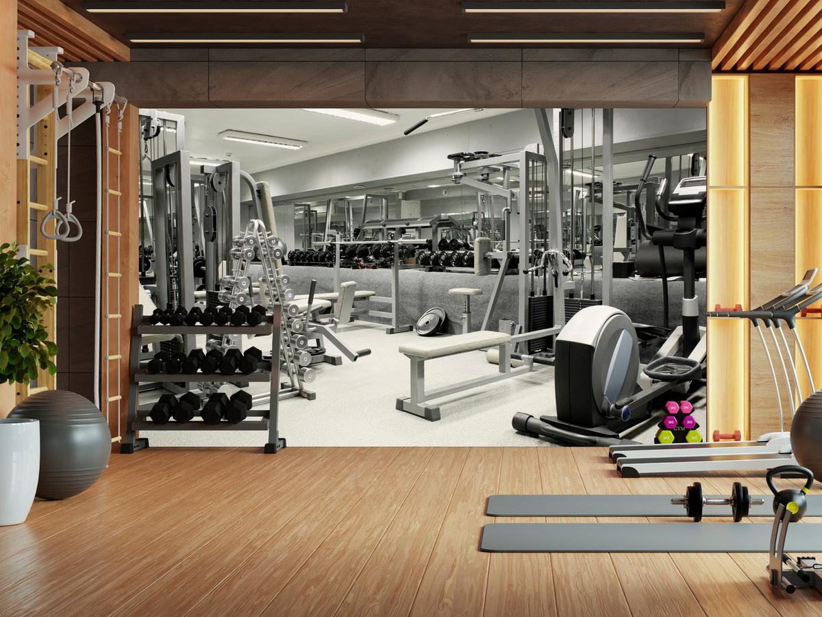 FOTOTAPETE Fitnessstudio Innenraum Equipment Modern Sport 400x280 - Ecru/Creme, Papier (400/280cm) - Muralo