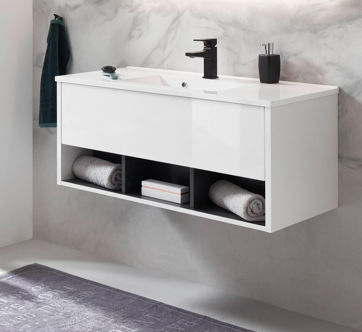WASCHBECKENUNTERSCHRANK mit Waschbecken weiß Hochglanz, grau 100 cm - Weiß Hochglanz/Grau, Holzwerkstoff (100/44/47cm) - Furn.Design