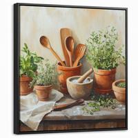 LEINWAND Bilder mit Rahmen - Töpfe - Kräuter - Holz - 50x50 - Terracotta, Textil (50/50cm) - MuchoWow
