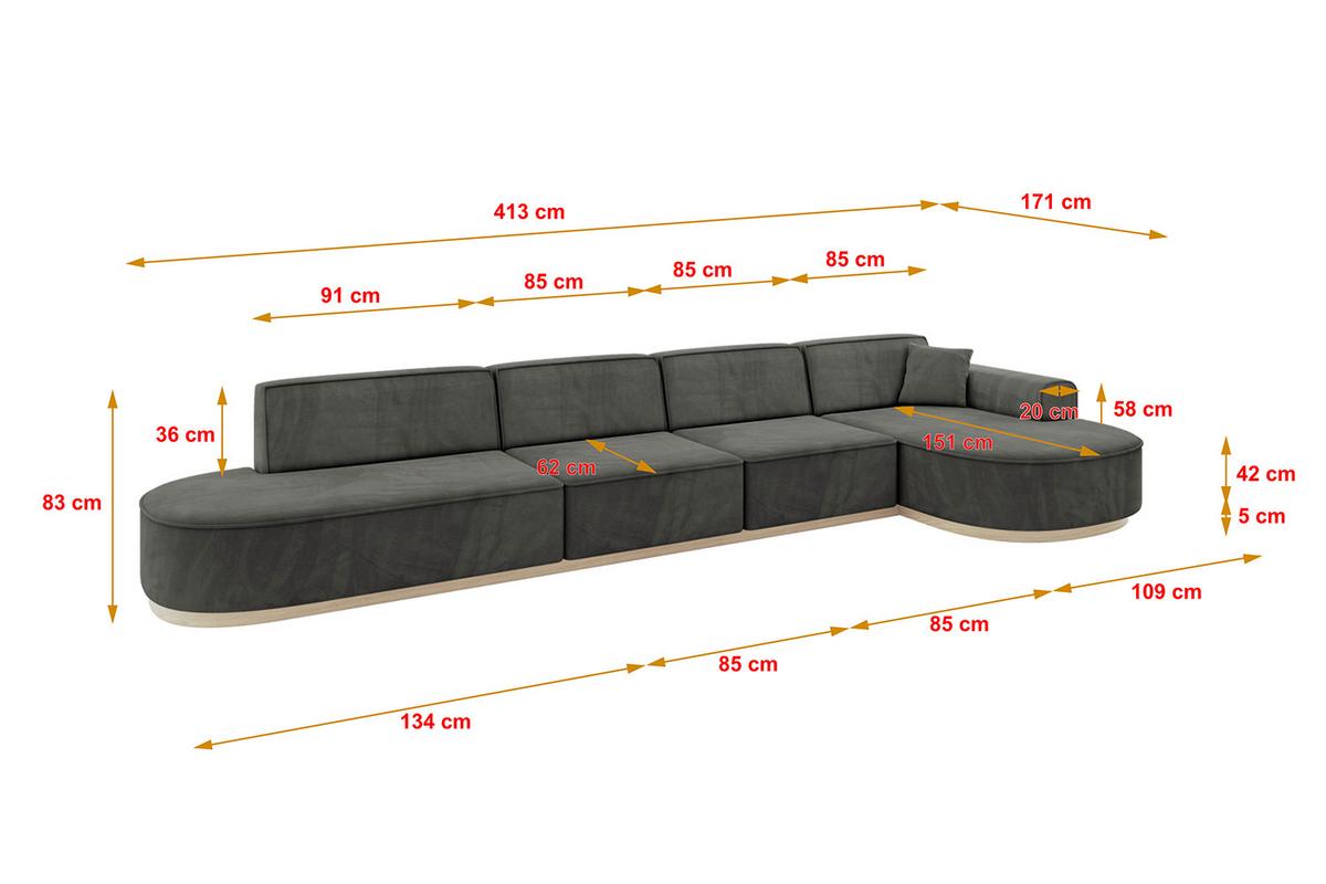 ECKSOFA Ottomane Rechts MARI-L3-v1 - 413x171x83 cm Dunkelgrau Velours - Dunkelgrau, Holzwerkstoff/Textil (171/413cm) - ALTDECOR