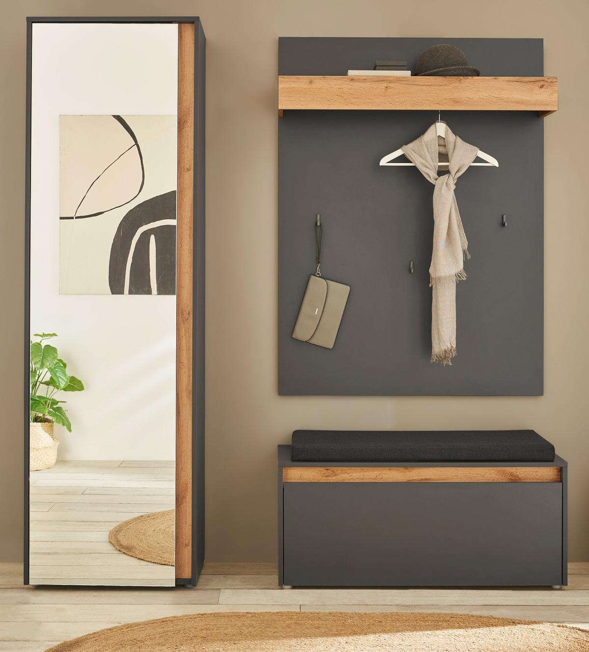GARDEROBEN-SET 4-teilig grau, Eiche Wotan 170 cm, Flurgarderobe inklusive Sitzkissen - Eiche Wotan/Silberfarben, Glas/Holzwerkstoff (170/200/40cm) - Furn.Design