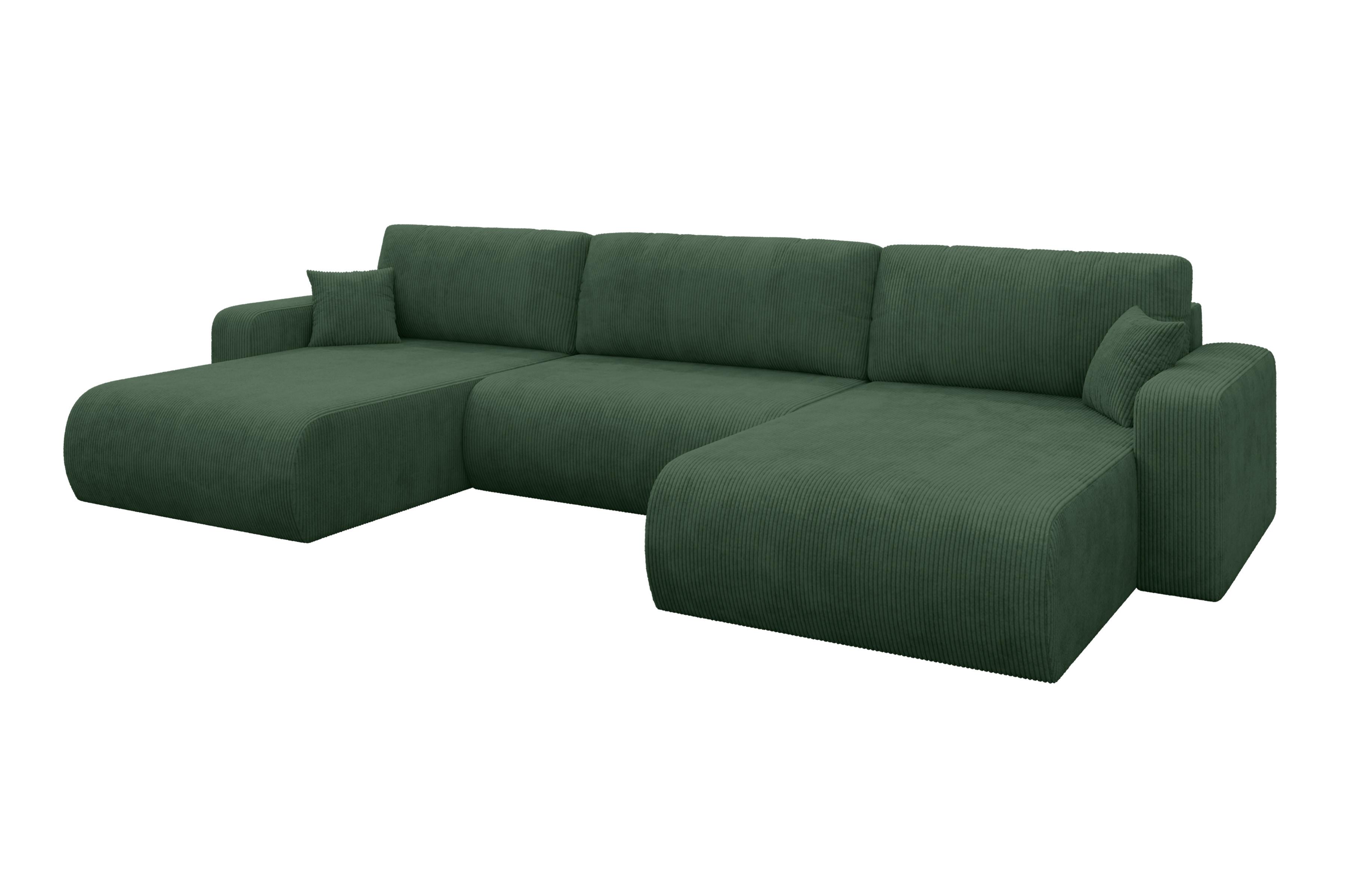 WOHNLANDSCHAFT mit Schlaffunktion und Bettkasten BERY-U 377x193x88 Grün Cord - Dunkelgrün/Schwarz, Holzwerkstoff/Kunststoff (377/88/193cm) - ALTDECOR