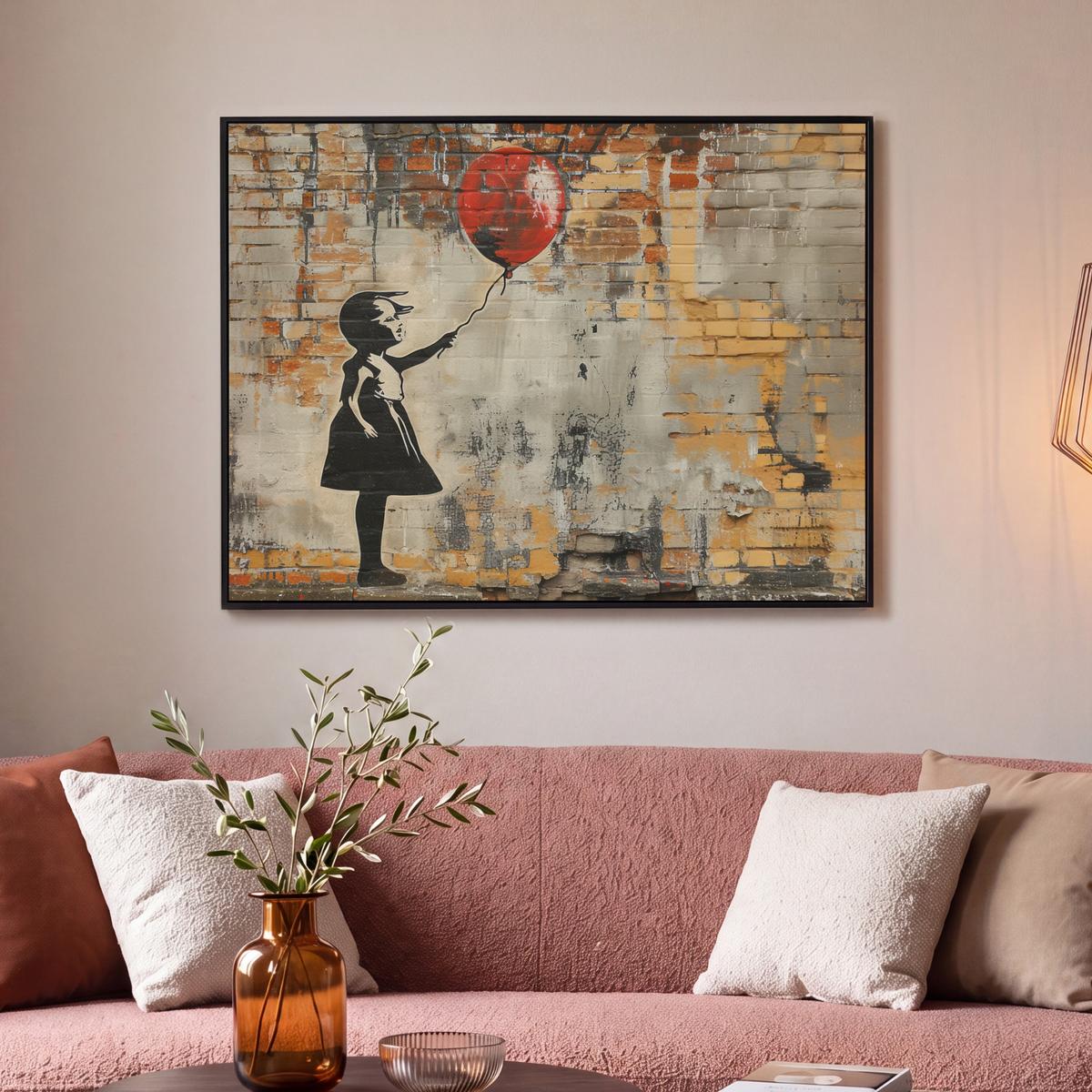 LEINWAND Bilder mit Rahmen - Graffiti - Banksy - Mädchen - Straßenkunst - 100x70 - Sandfarben, Textil (100/70cm) - MuchoWow