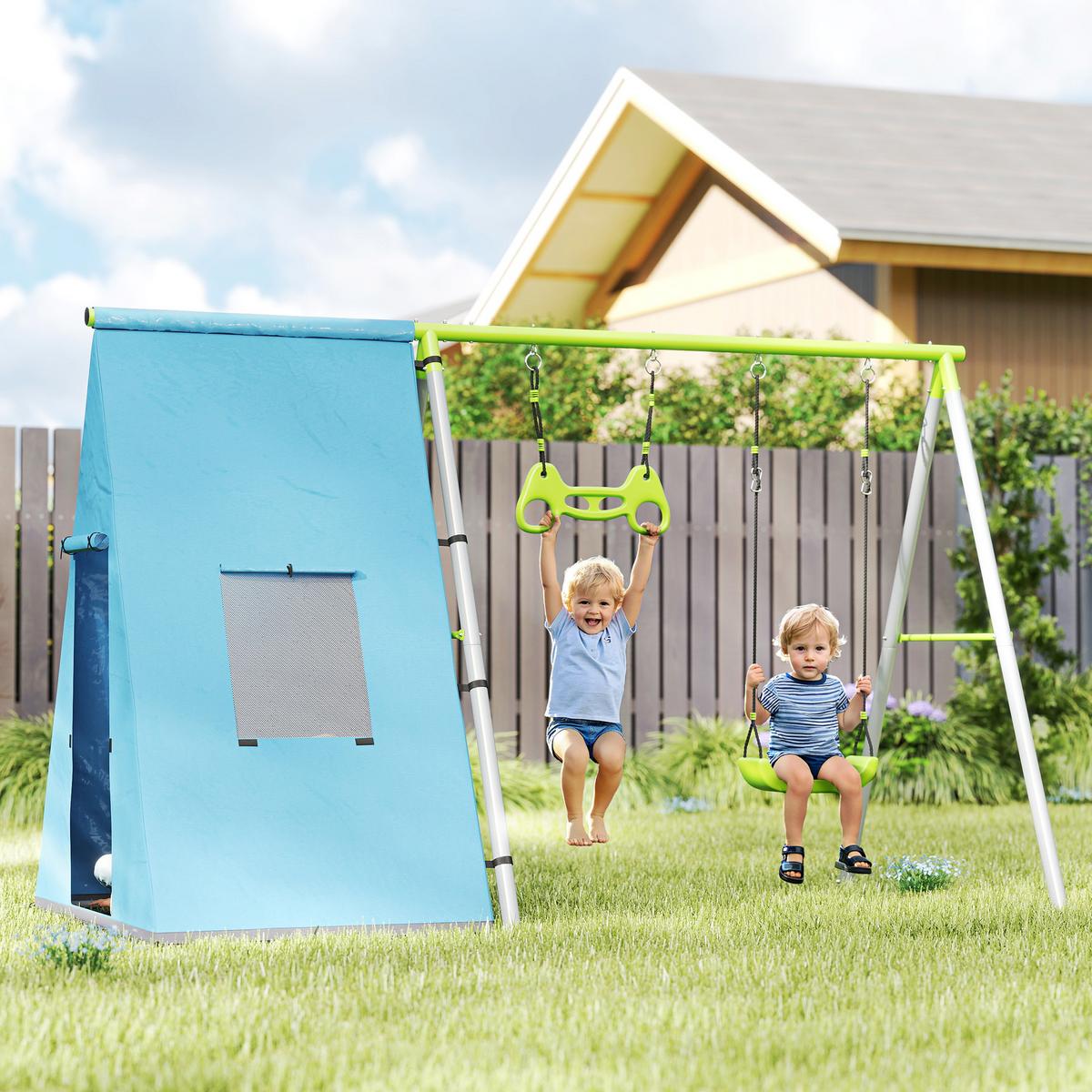 3 in 1 Schaukelgestell Schaukelgerüst mit Spielzelt, Schaukel und Turnringe - Grün, Metall (180/283cm) - AIYAPLAY