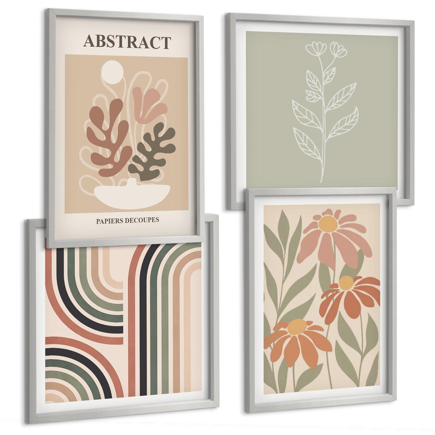 BILDER SET 4er Set - 50x50 cm & 40x60 cm Silberner Rahmen - Abstrakte Pastellpflanzen - Silberfarben, Kunststoff (50/50cm) - TULUP