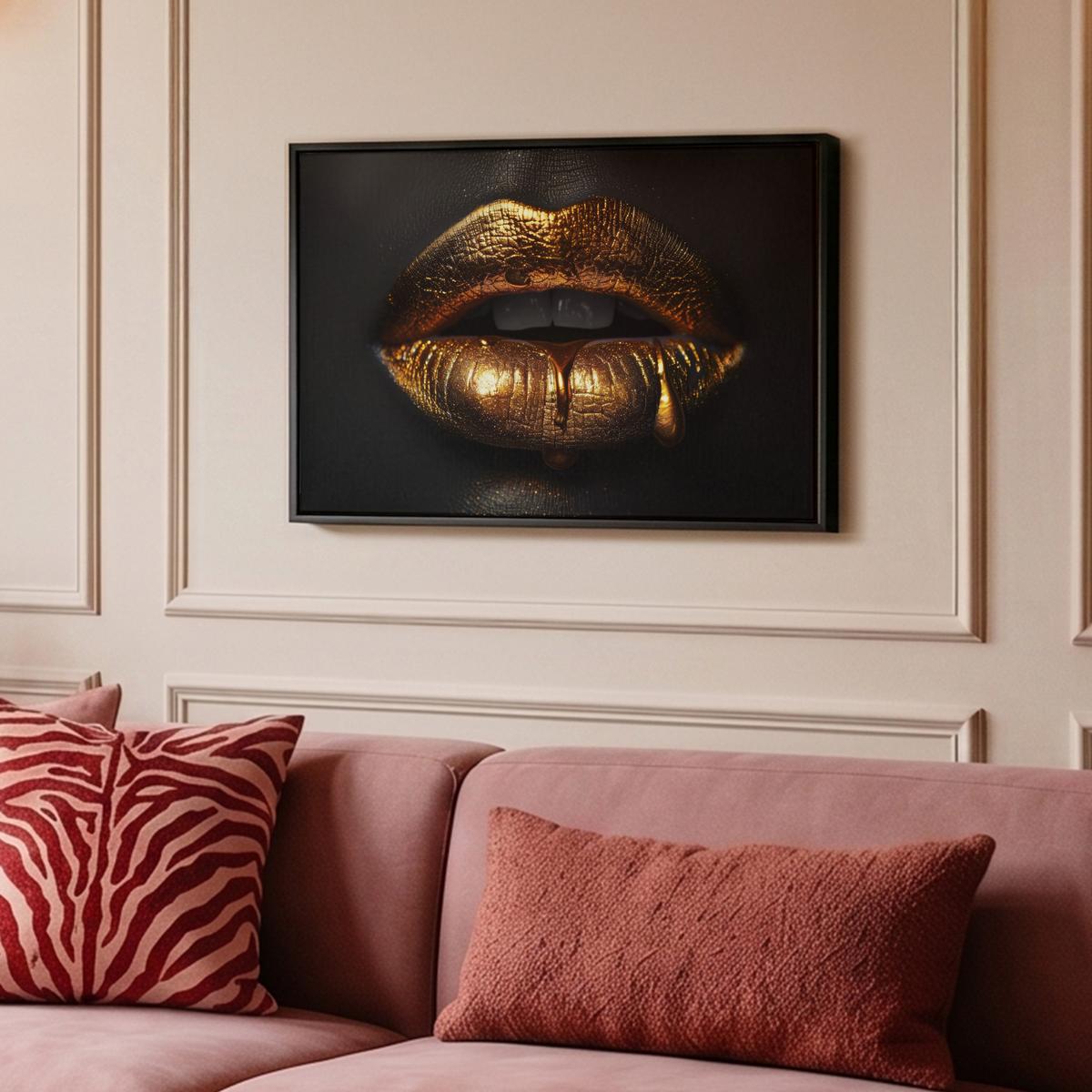 LEINWAND Bilder mit Rahmen - Frau - Porträt - Lippen - Gold - Schwarz - 60x40 - Schwarz, Textil (60/40cm) - MuchoWow