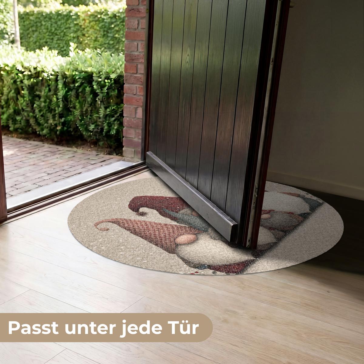 FUSSMATTE Wichtel - Weihnachten - Schnee - Zipfelmützen Türmatte 90x90 cm - Beige, Kunststoff (90/0.4cm) - MuchoWow