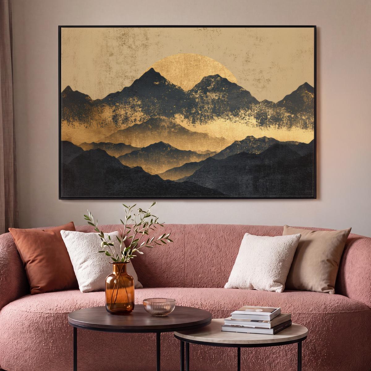 LEINWAND Bilder mit Rahmen - Goldene Berge bei Mondschein - 120x80 - Goldfarben, Textil (120/80cm) - MuchoWow