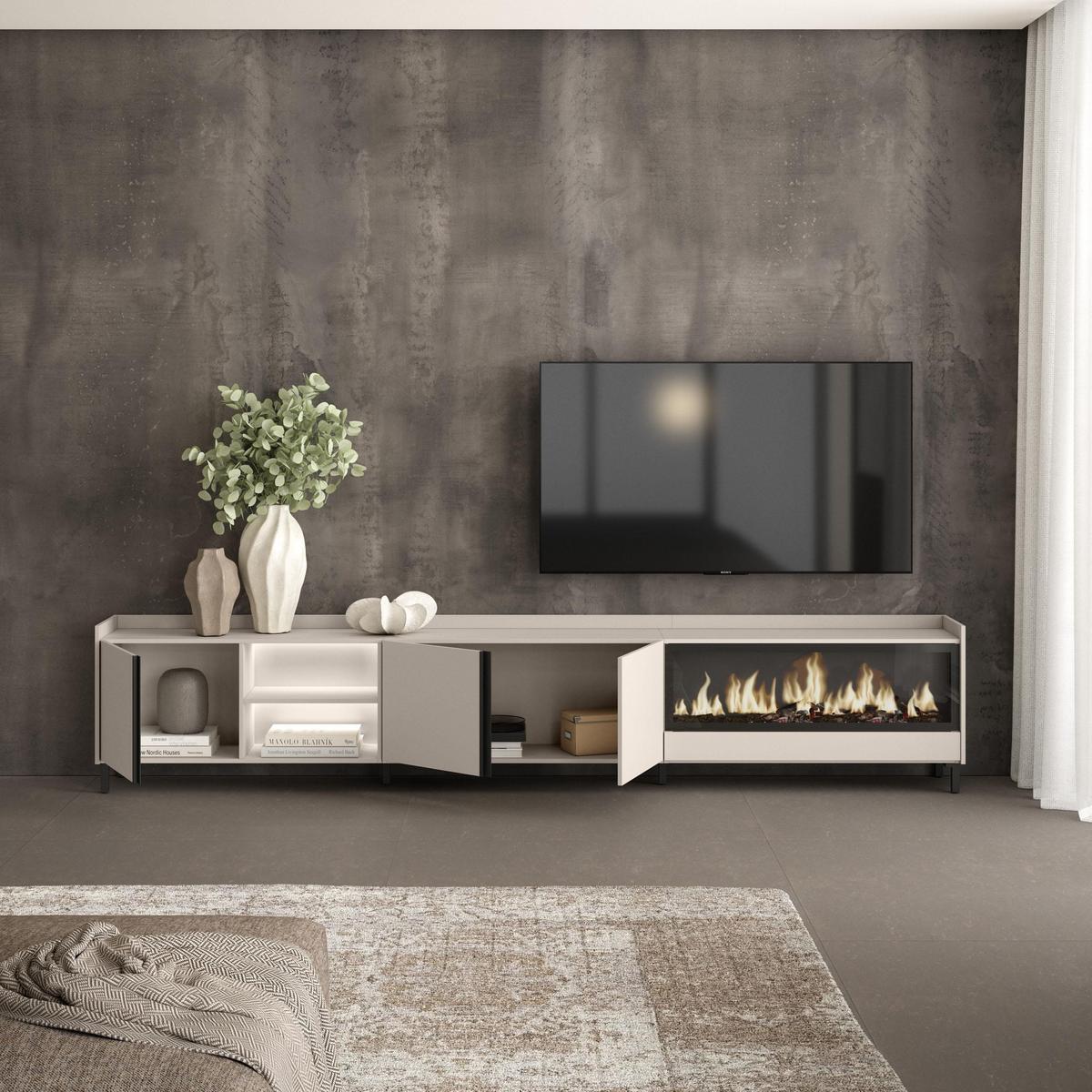 LOWBOARD, Beige, 315/35/61cm, Kamin mit Feuereffekt XXL - Beige, Holzwerkstoff (315/61/35cm) - Skraut Home