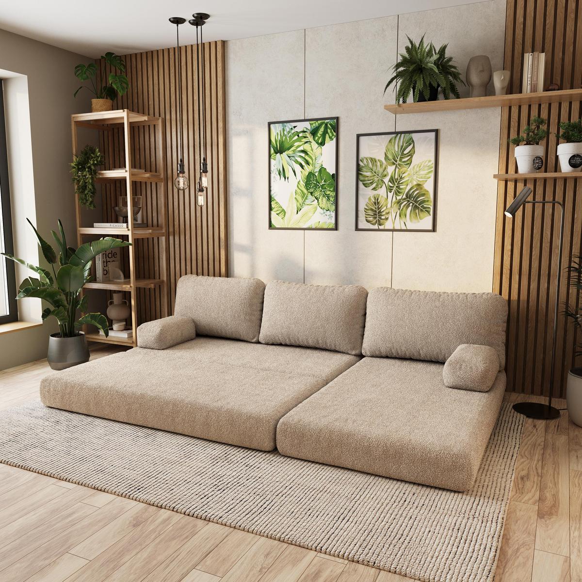 ECKSOFA LEA modulares Boneless Sofa mit Schlaffunktion Beige Boucle-Stoff - Beige, Textil (270/160cm) - MASSENO