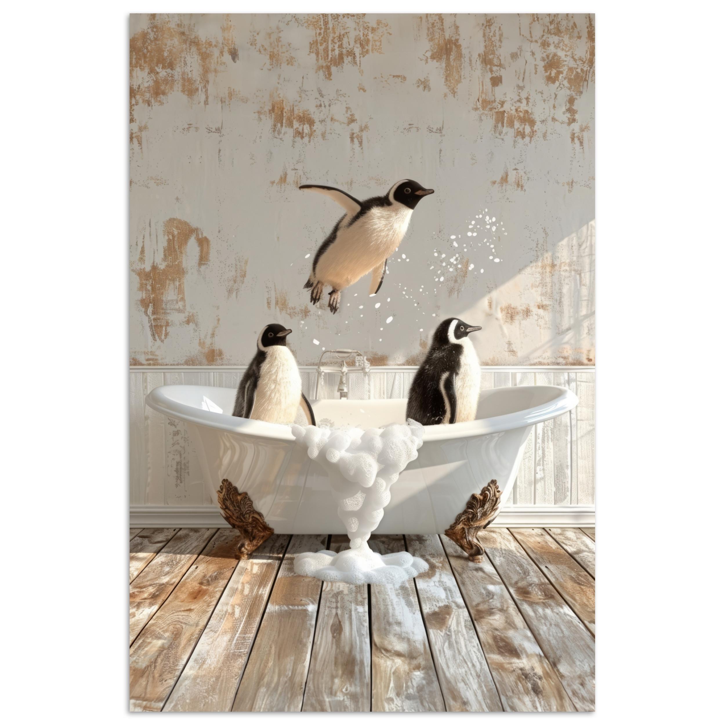 POSTER Vintage - Pinguin - Badewanne - Schaumstoff Wanddeko 40x60 cm - Schwarz, Papier (40/60/0.1cm) - MuchoWow