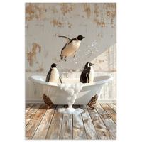 POSTER Vintage - Pinguin - Badewanne - Schaumstoff Wanddeko 40x60 cm - Schwarz, Papier (40/60/0.1cm) - MuchoWow