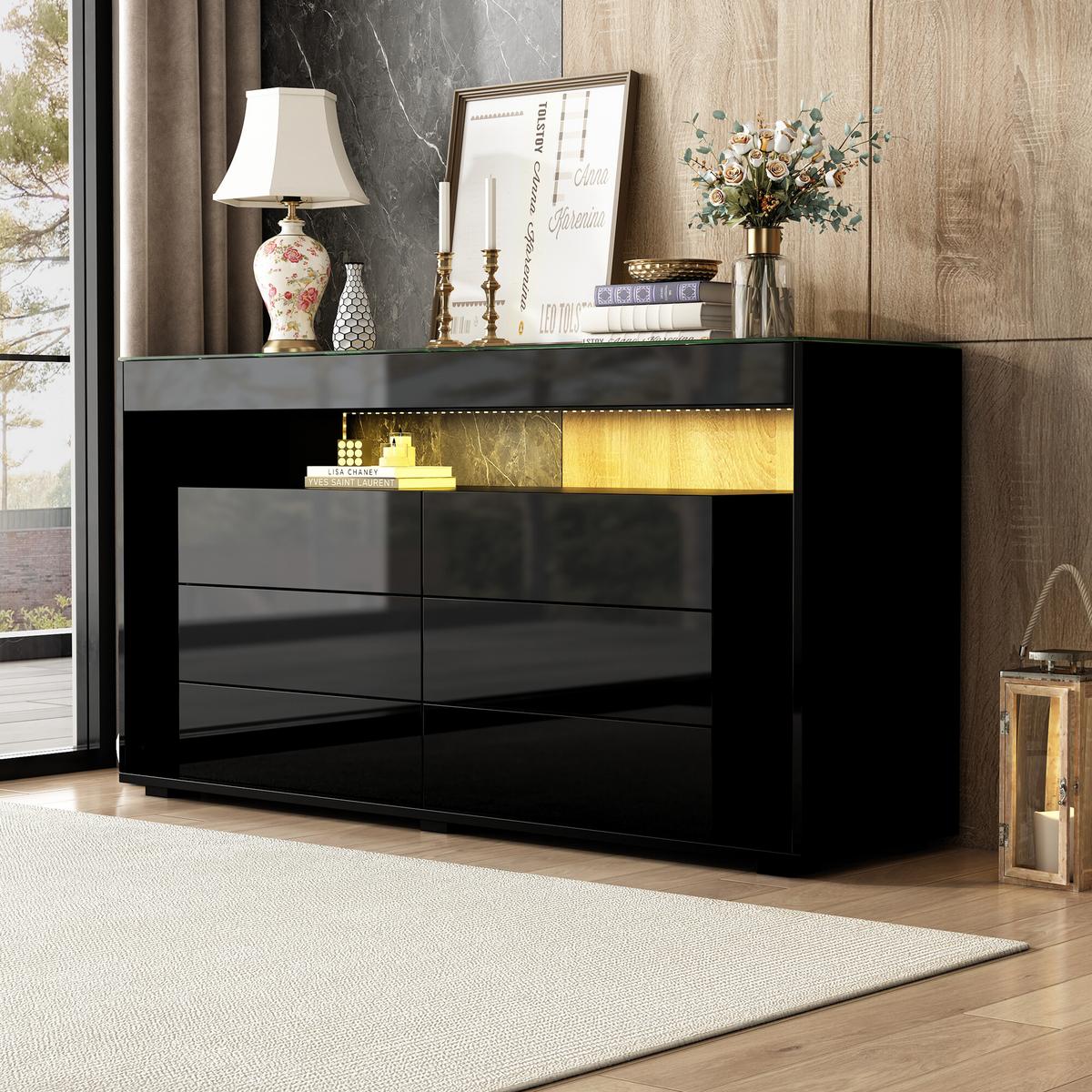 SIDEBOARD mit 6 Schubladen und LED Schwarz - Schwarz, Glas/Holzwerkstoff (40/72/140cm) - Urban Meuble