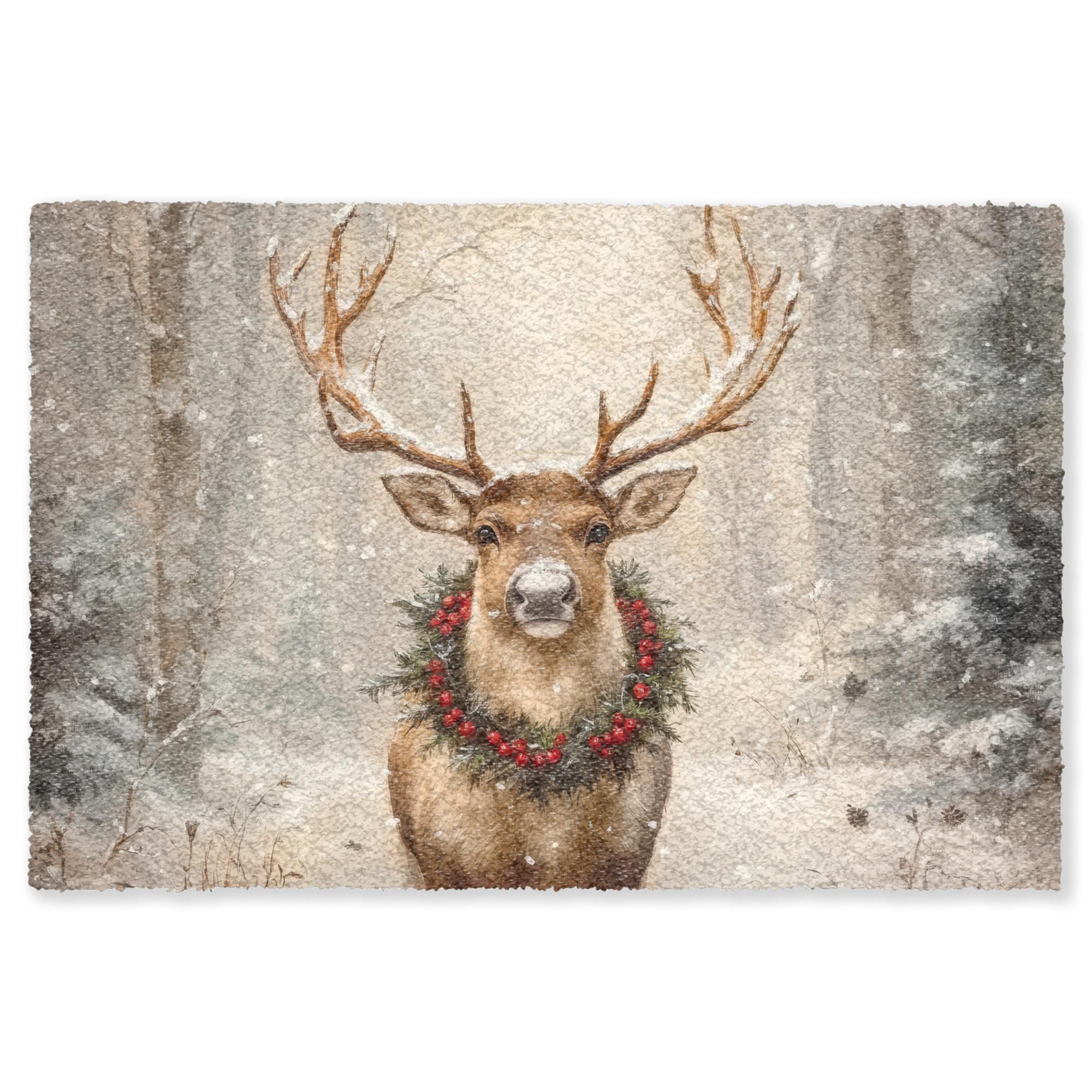 FUSSMATTE Weihnachten - Rentier - Winter - Kranz Flurteppich 90x60 cm - Braun, Kunststoff (90/0.4cm) - MuchoWow