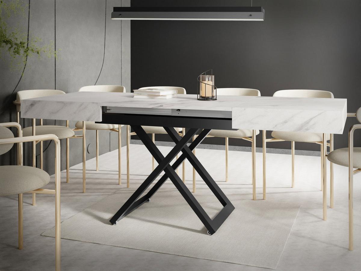 COUCHTISCH Cavetta U höhenverstellbar ausziehbar, Marmor Weiß 120-200/80/27-76 cm - Ecru/Schwarz, Holzwerkstoff/Metall (80/200/76cm) - WFL GROUP