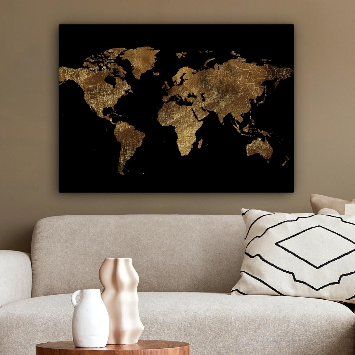 LEINWANDBILD Weltkarte - Gold - Luxus - Erde - Schwarz Wandbilder 80x60 cm - Goldfarben, Textil (80/60cm) - MuchoWow