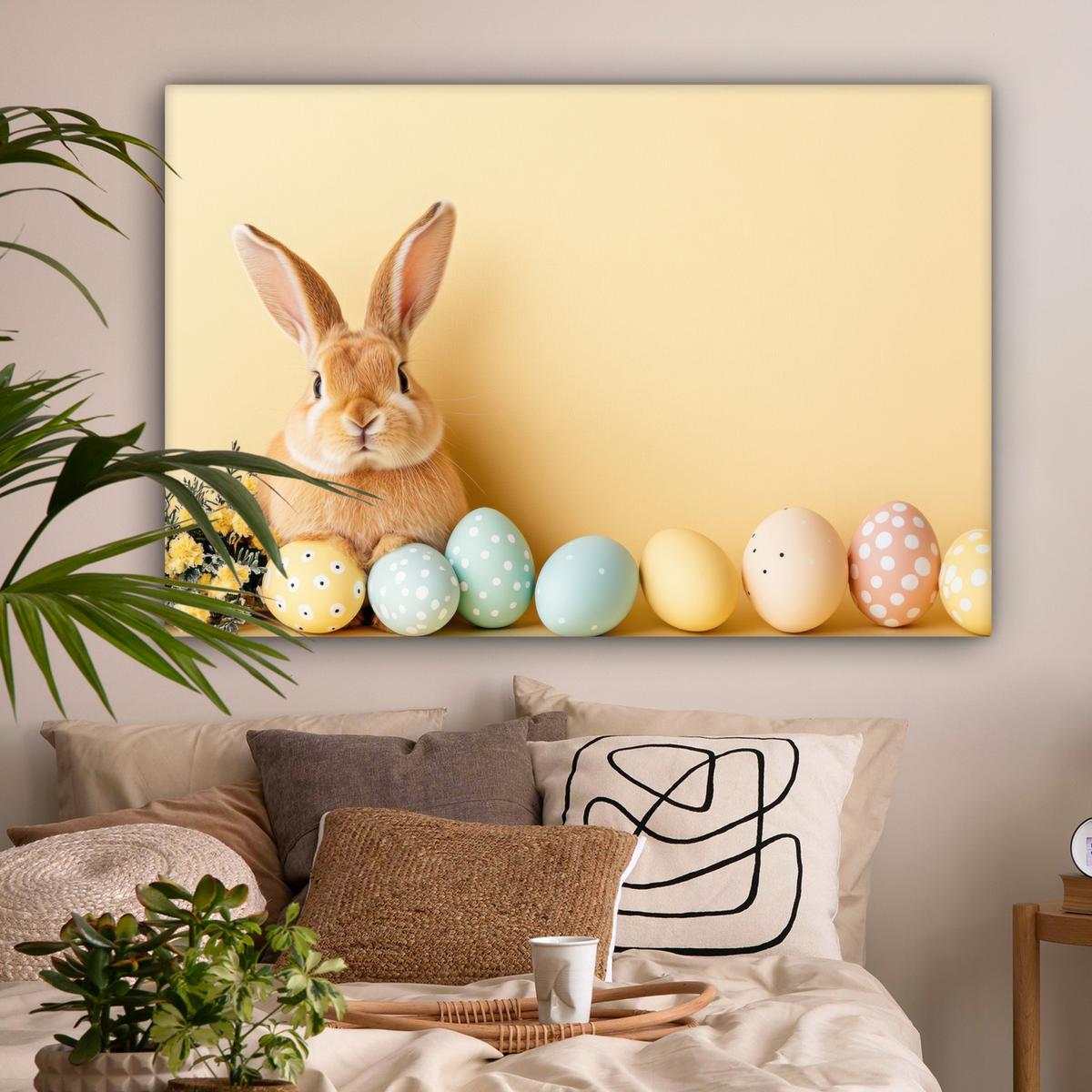 LEINWANDBILD Eier - Kaninchen - Pastellfarbtöne Groß 140x90 cm - Hellgelb, Textil (140/90cm) - MuchoWow