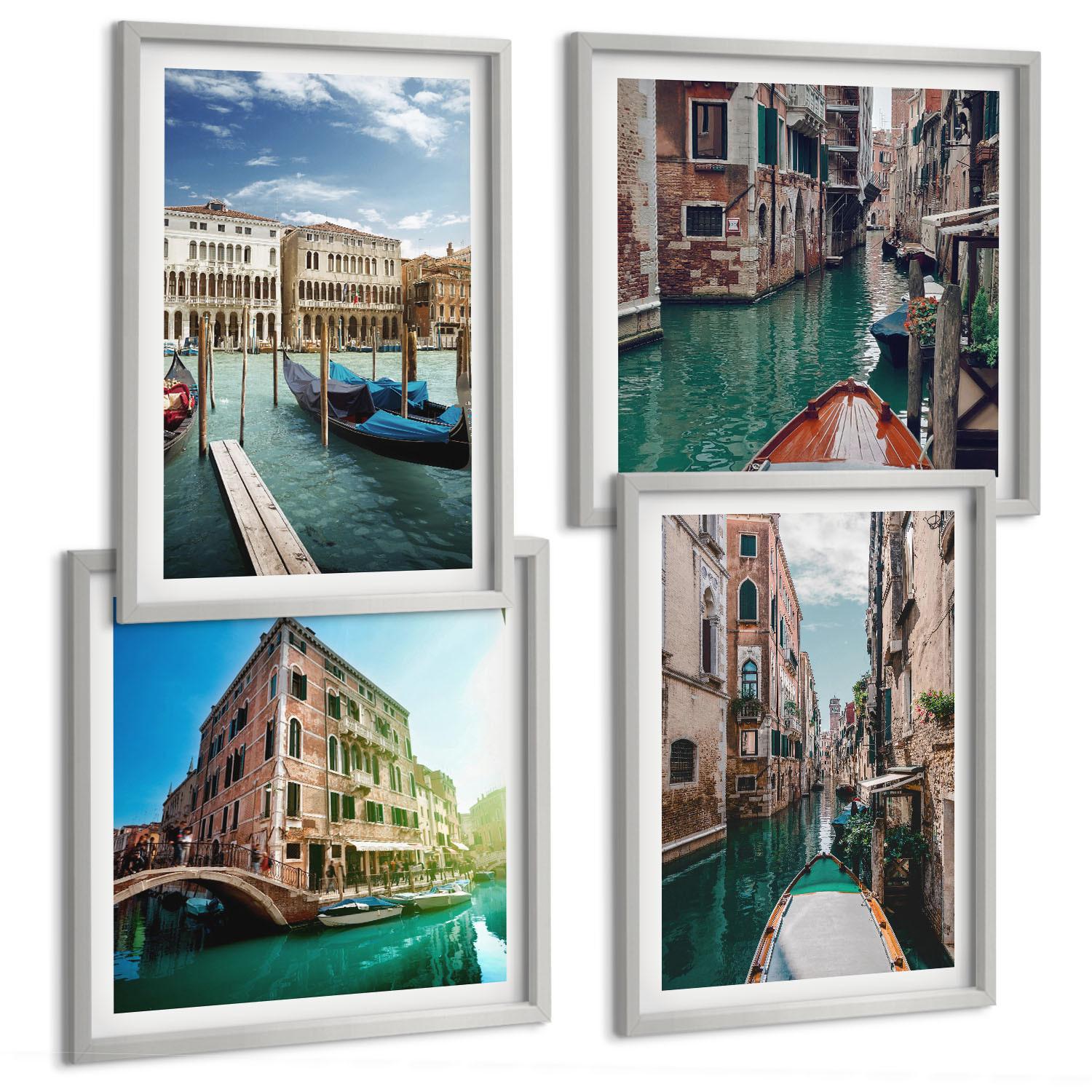 BILDER SET 4er Set - 50x50 cm & 40x60 cm Silberner Rahmen - Architektur der Kanäle von Venedig - Silberfarben, Kunststoff (50/50cm) - TULUP