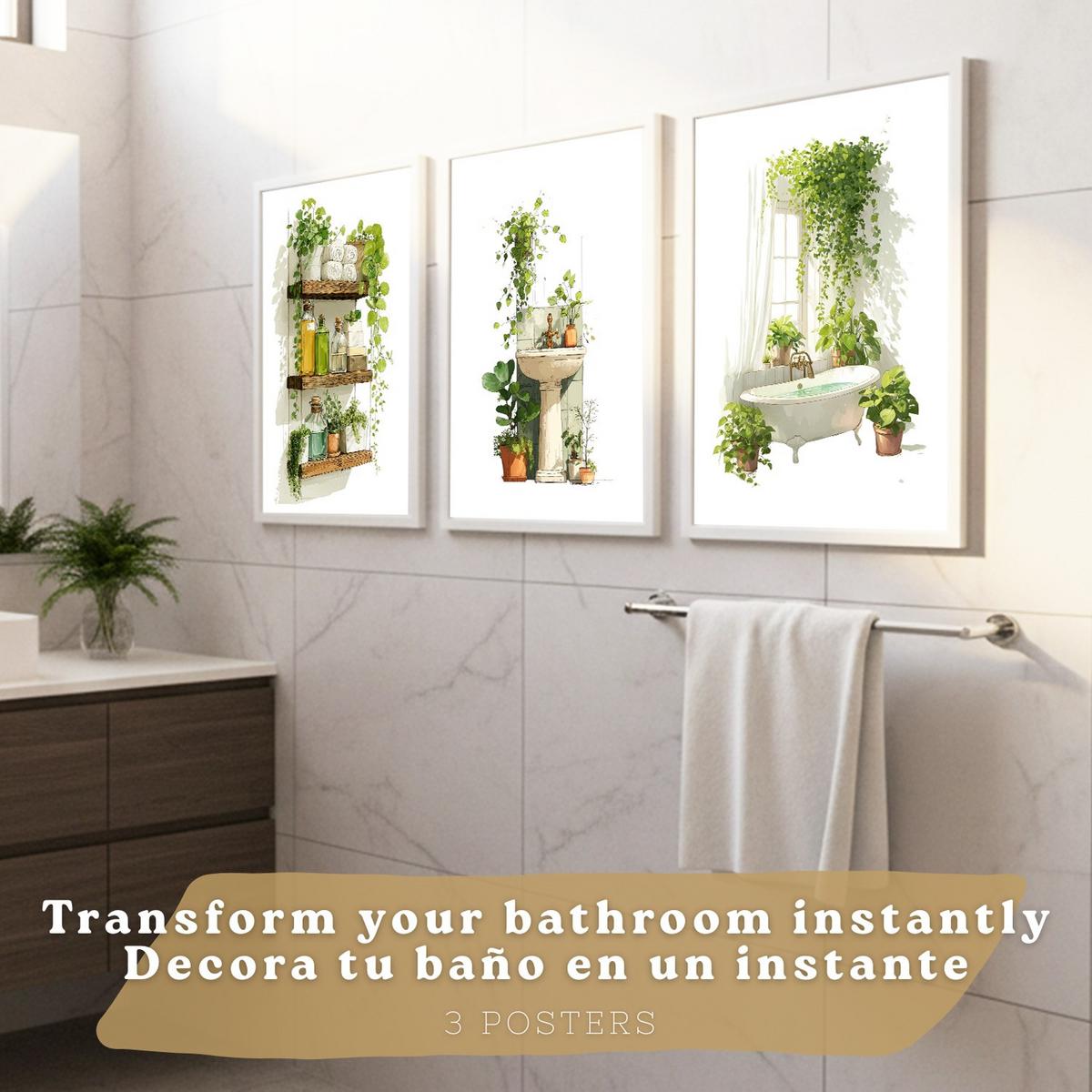 POSTER 3er-Set dekorative Badezimmerbilder, Wanddeko, minimalistische Badezimmerbilder im botanischen Stil, für, Toilette, grüne Pflanzen Rahmenlos A4 - Klar, Papier (29.7/21/3cm) - Nacnic