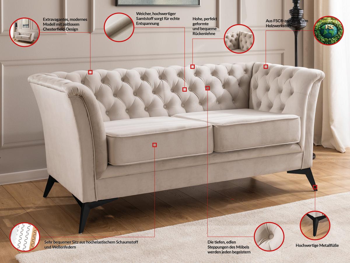 CHESTERFIELD-SOFA 2-sitzer Whitby Beige Samt mit schwarzen Füßen - Beige/Schwarz, Holz/Textil (175/78/82cm) - S-Style Möbel