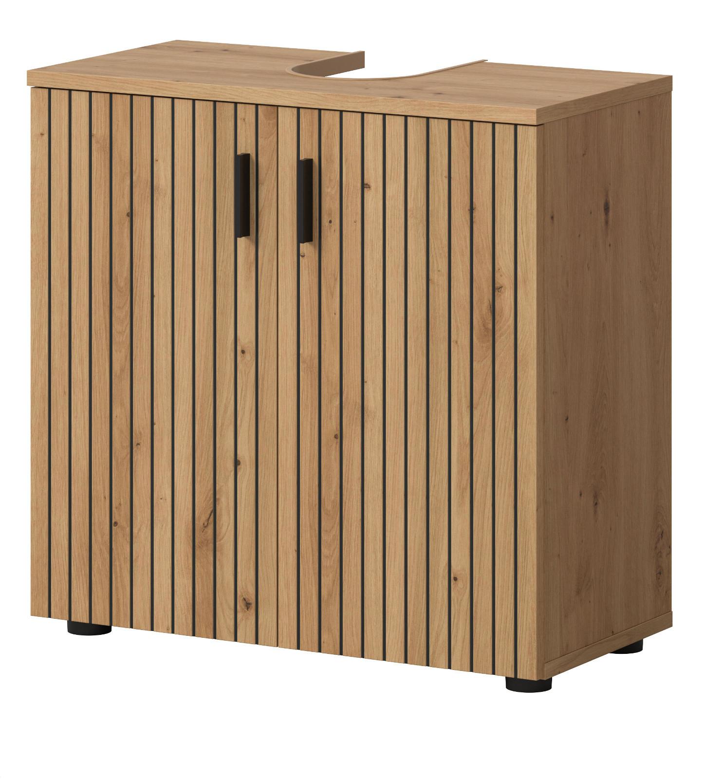 WASCHBECKENUNTERSCHRANK Eiche Artisan 80 cm, Badezimmer Unterschrank mit Rillen-Optik - Schwarz/Eiche Artisan, Holzwerkstoff/Kunststoff (60/59/30cm) - Inn.Furn