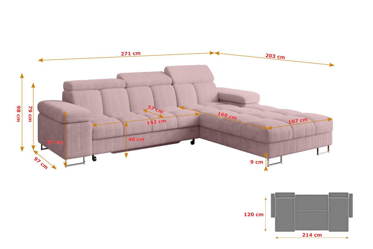 ECKSOFA mit Schlaffunktion Ottomane Rechts COMA L 271x203x79 Rosa Cord - Rosa, Holzwerkstoff/Textil (203/271cm) - ALTDECOR