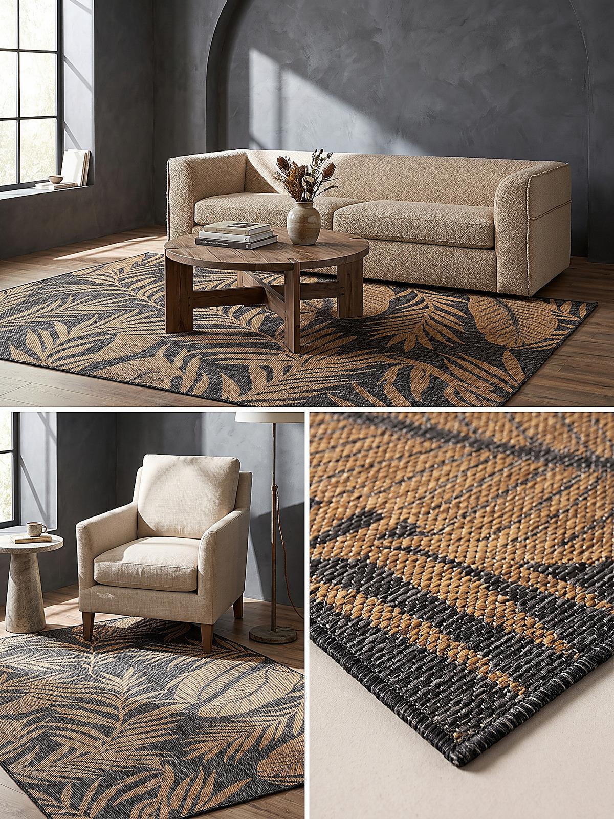 TEPPICH Flachgewebe, Outdoor, Fußbodenheizung-geeignet, mit Blattmotiv, VIGOLENO in Schwarz-Beige, 240 x 340 cm - Schwarz, Textil (240/340cm) - KADIMA DESIGN