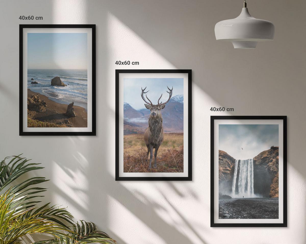 BILDER SET 3er Set - 40x60 cm Schwarzer Rahmen - Berglandschaften mit einem Wasserfall - Schwarz, Kunststoff (40/60cm) - TULUP