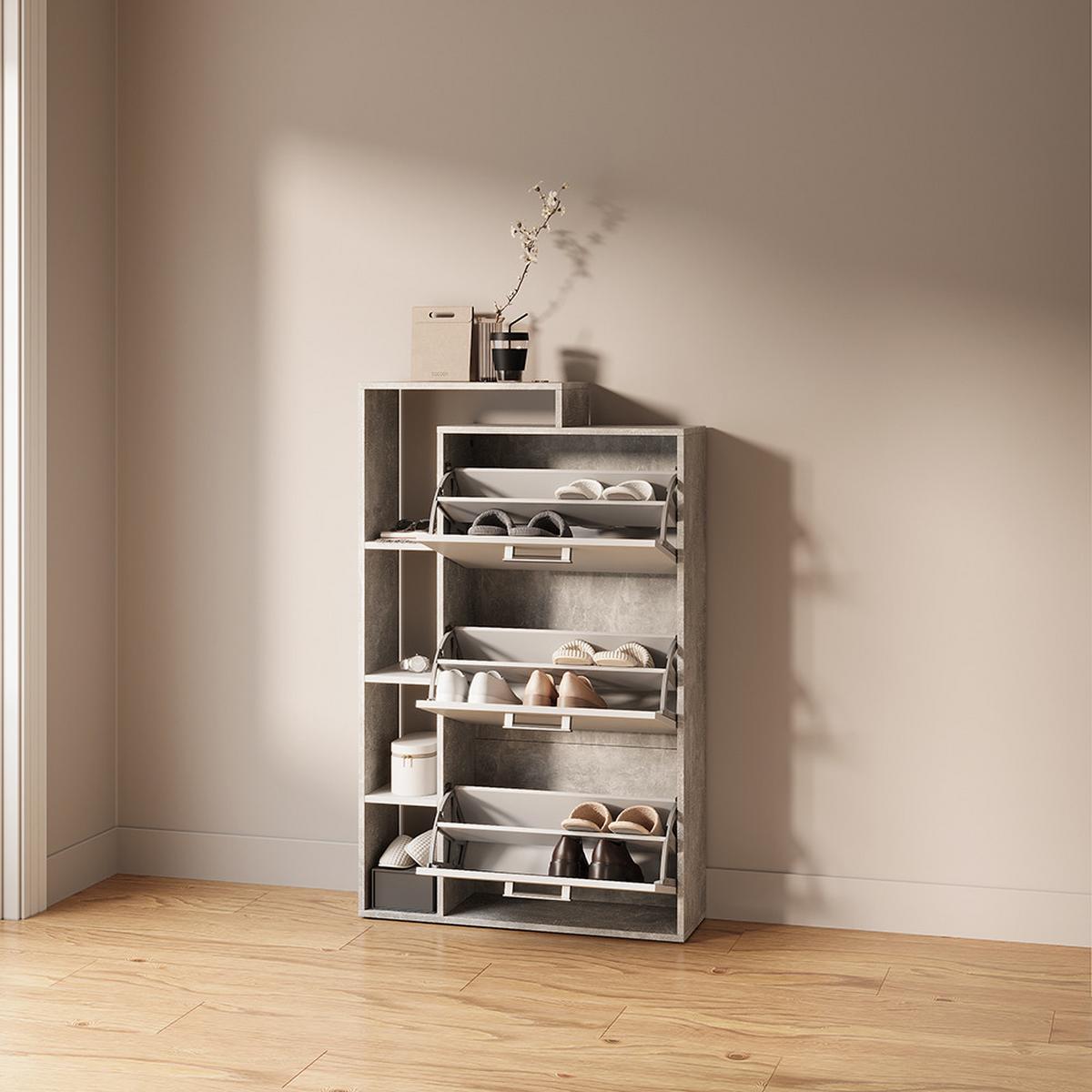 SCHUHKIPPER Ortello Weiß/Beton 80 x 128.3 cm mit 3 Fächern - Weiß/Grau, Holzwerkstoff (80/128.3/24.2cm) - Livinity®